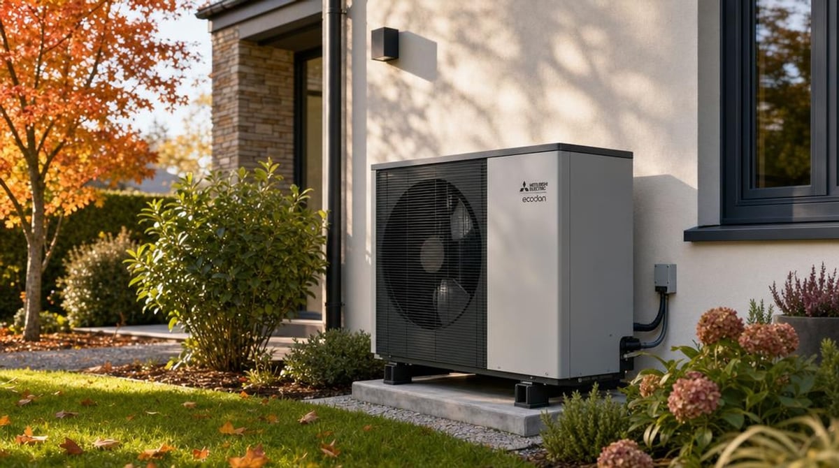 Pompe à chaleur air/eau Mitsubishi Electric Ecodan posée sur une dalle en béton contre le mur d'une maison moderne