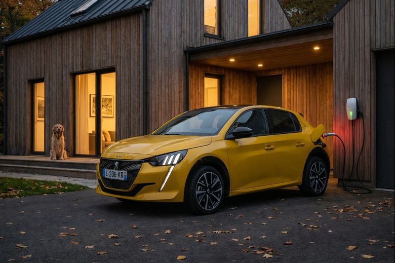 Recharge d’une voiture électrique à domicile devant une maison individuelle en 2026