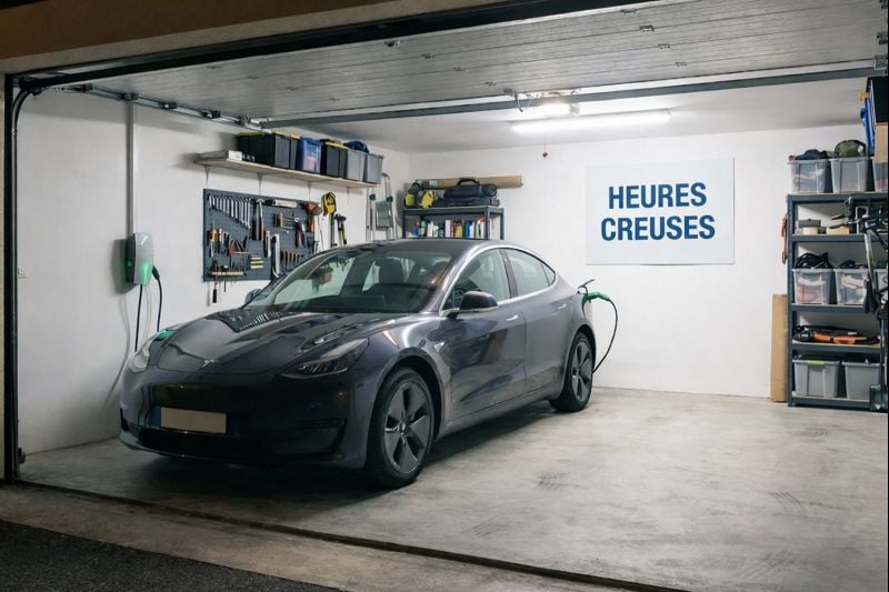 Recharge d’une voiture électrique à domicile en heures creuses dans un garage individuel