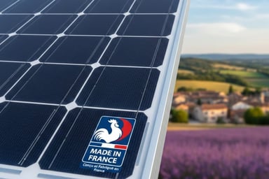 Panneau solaire fabriqué en France avec label Made in France, illustration de la production photovoltaïque française bas-carbone