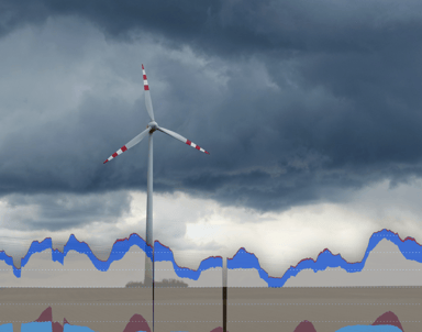 Éolienne dans un champs pendant une tempête