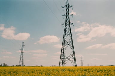 Pylônes et lignes à haute tension traversant un champ en France