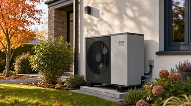 Pompe à chaleur air/eau Mitsubishi Electric Ecodan posée sur une dalle en béton contre le mur d'une maison moderne