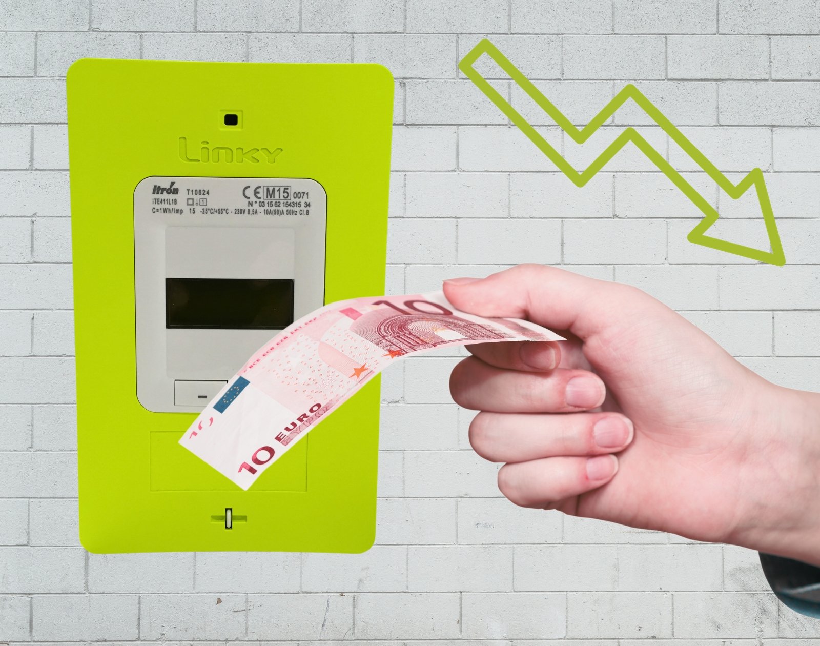 Compteur Linky et billet de 10 euros.
