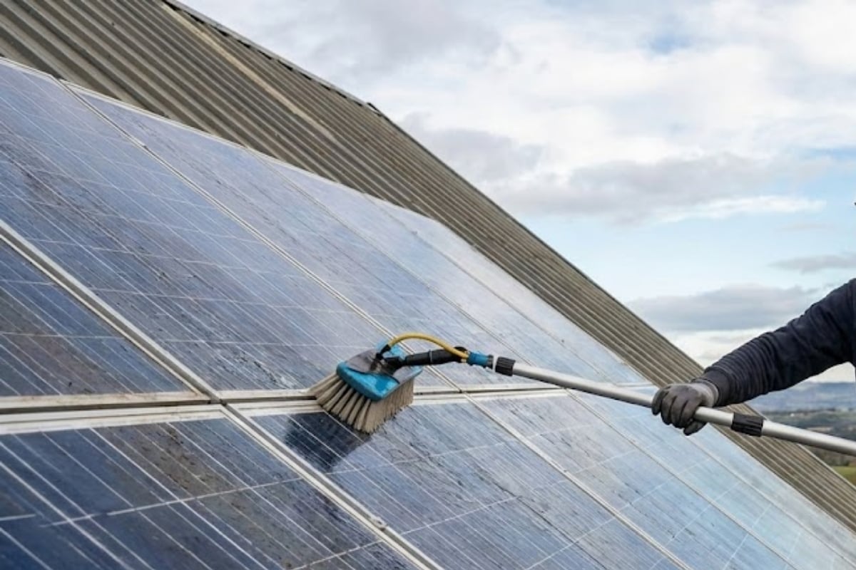Entretien des panneaux solaires en toiture avec nettoyage à la brosse