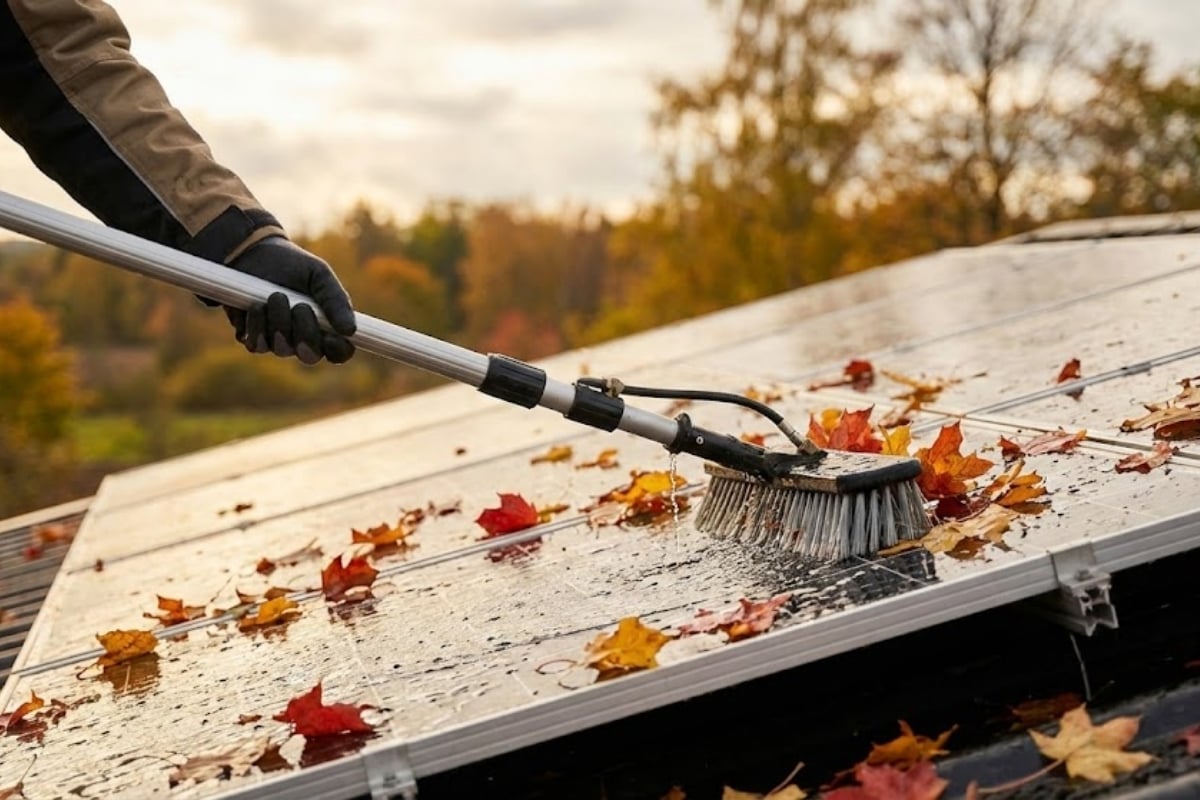 Nettoyage de panneaux solaires recouverts de feuilles mortes en automne