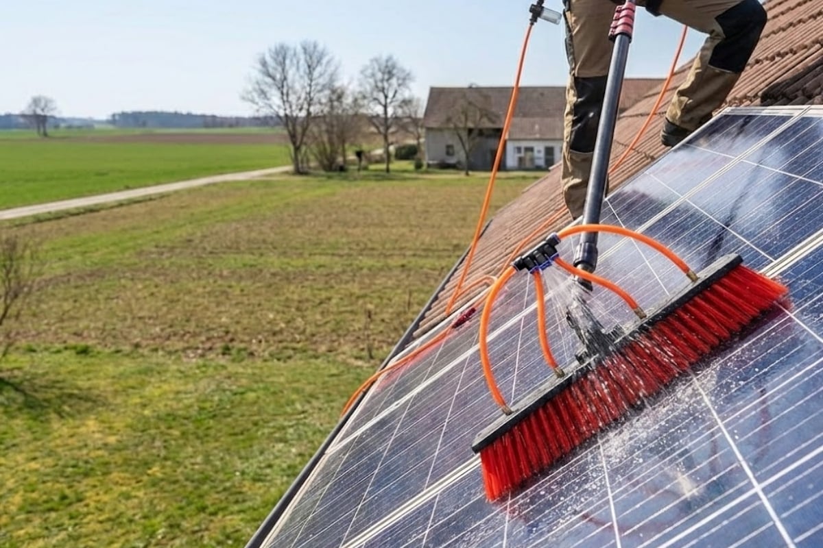 Nettoyage de panneaux solaires avec une brosse douce et de l’eau
