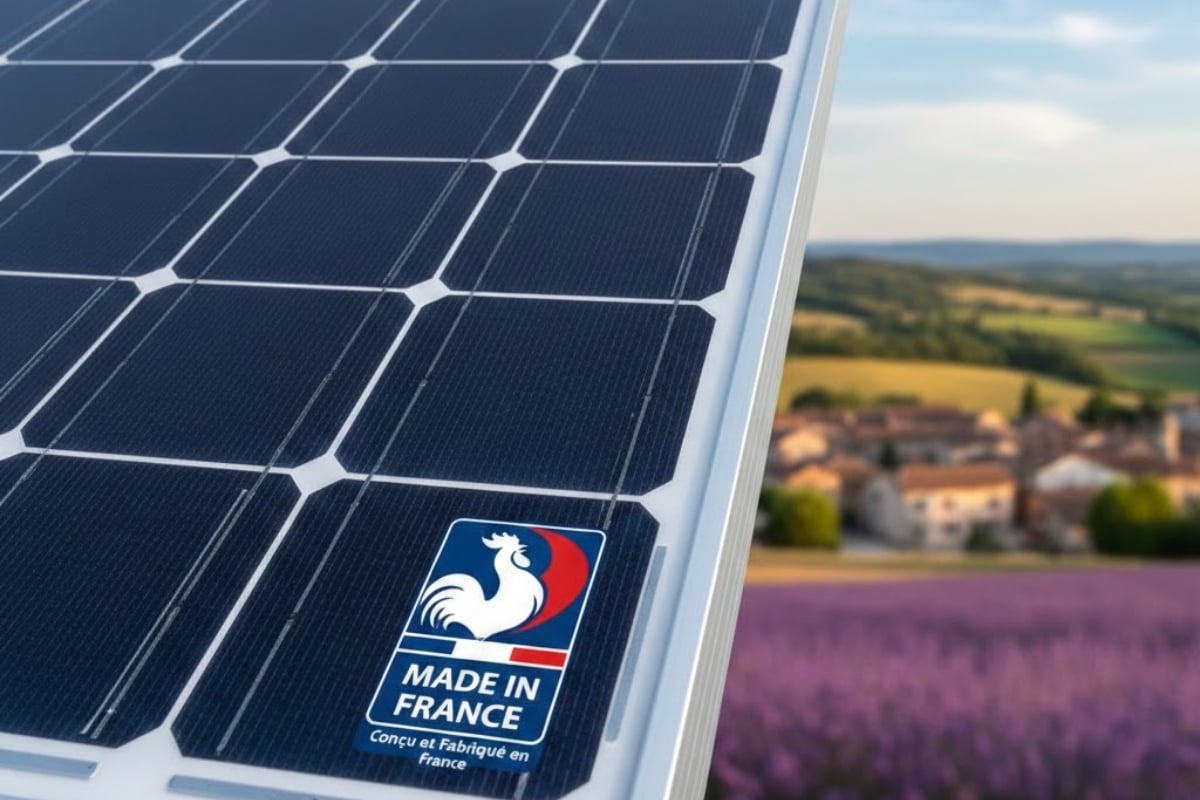 Panneau solaire fabriqué en France avec label Made in France, illustration de la production photovoltaïque française bas-carbone