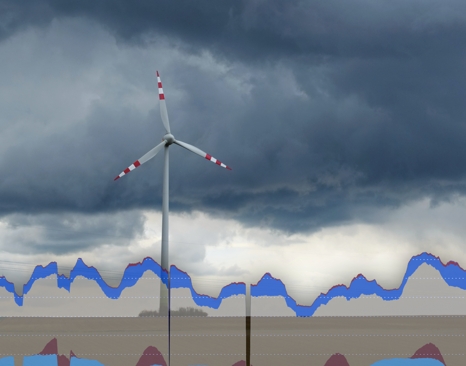 Éolienne dans un champs pendant une tempête