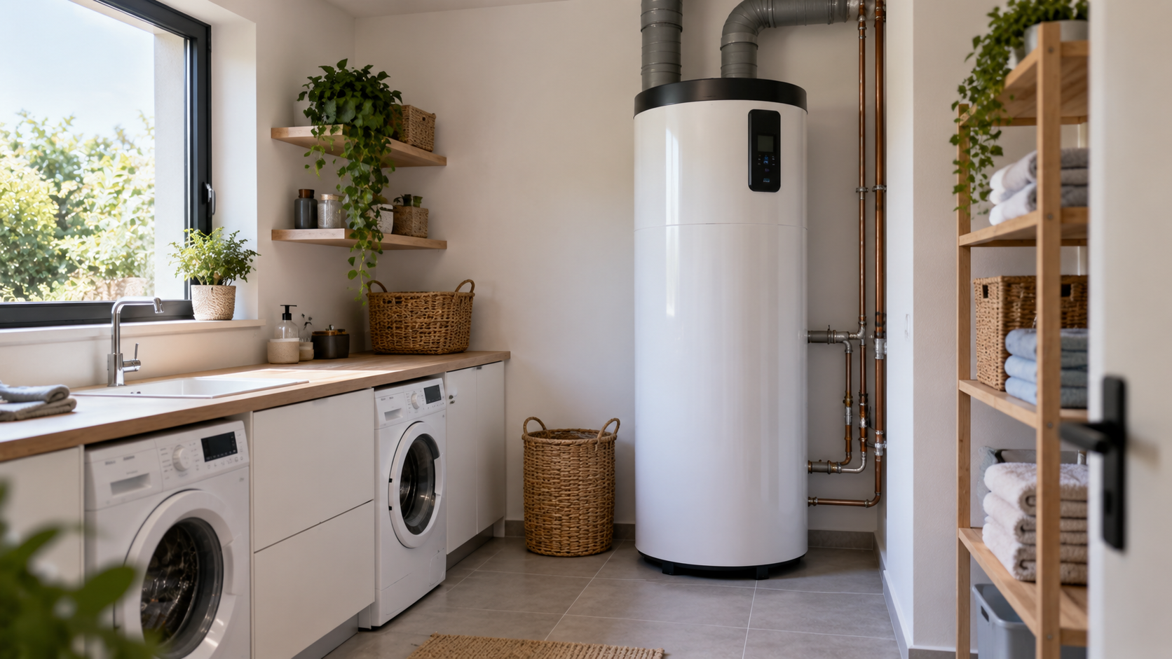 Chauffe-eau thermodynamique installé dans une buanderie, poste eau chaude