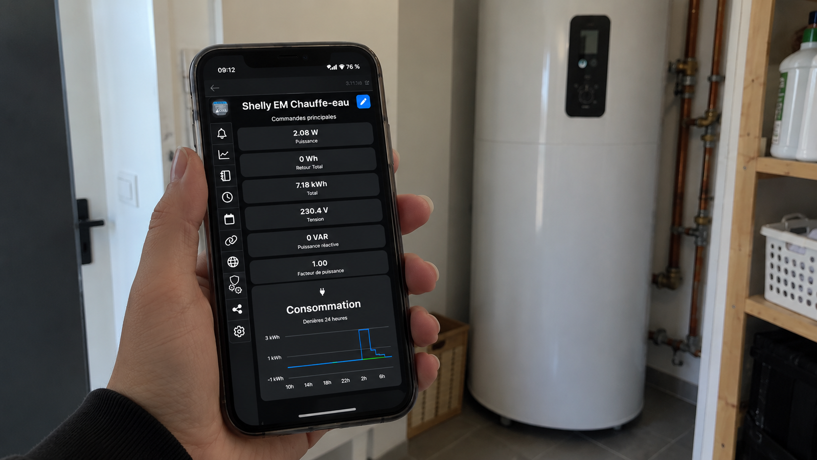 Application Shelly EM affichant la consommation en kWh d'un chauffe-eau thermodynamique