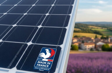 Panneau solaire fabriqué en France avec label Made in France, illustration de la production photovoltaïque française bas-carbone