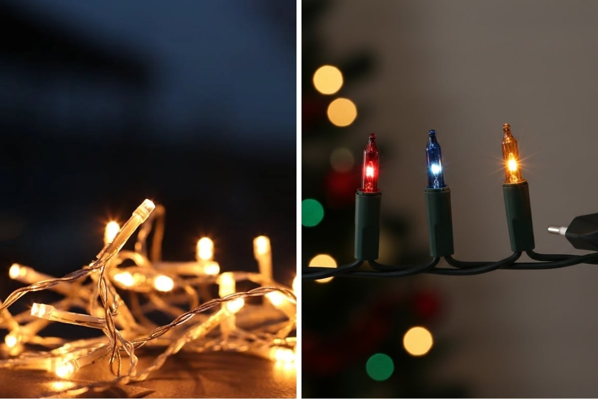 Guirlande lumineuse LED moderne comparée à une ancienne guirlande à ampoules incandescentes pour Noël