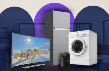 Réfrigérateur, téléviseur et lave-linge regroupés, illustrant les appareils électroménagers du foyer.